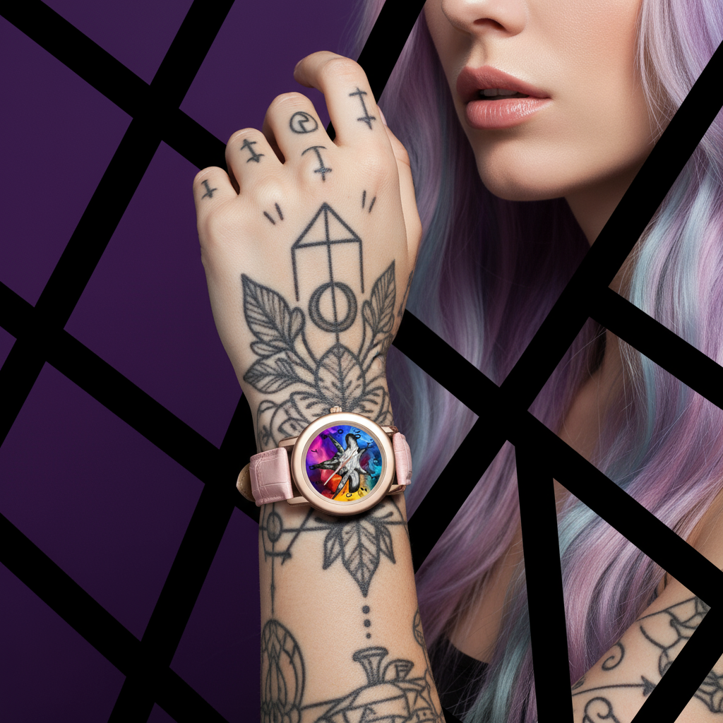 Girl with pastel hair tattoos on arm showcasing dark lachrywave watch