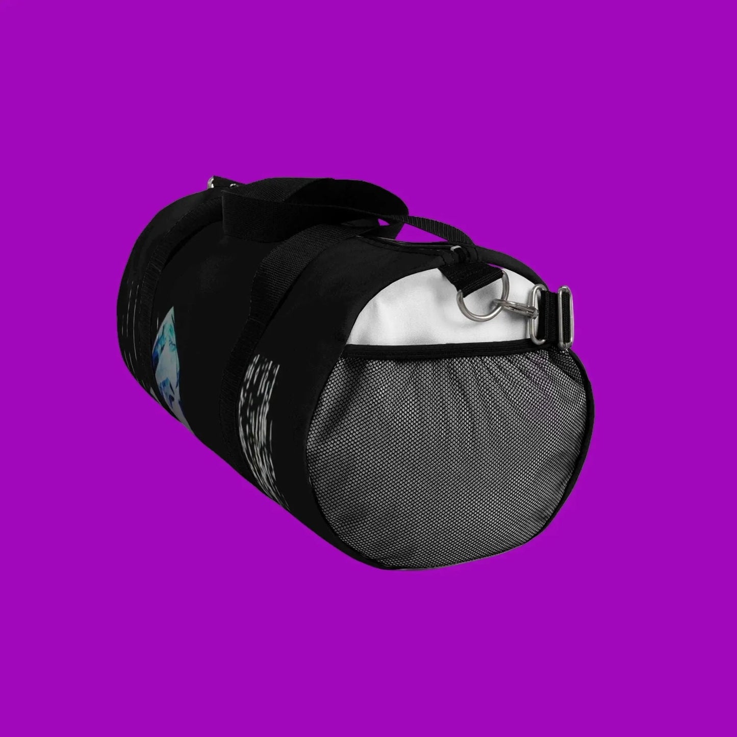 Black duffel bag with mesh side on a purple background