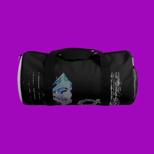 Black duffel bag with colorful design on a purple background