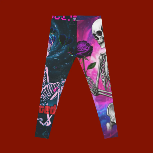 Leggings with a colorful design featuring skulls, roses, and space-themed patterns on a red background.