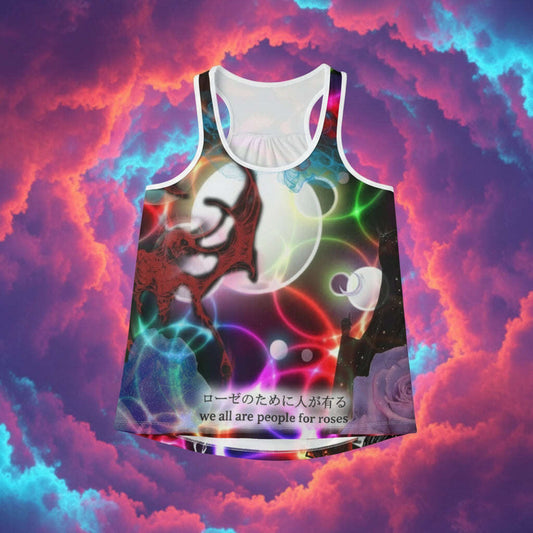 Colorful tank top with artistic design and text on a white background