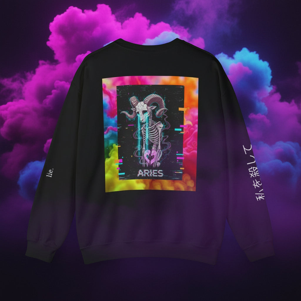 Black sweatshirt with colorful 'Aries' design on a white background