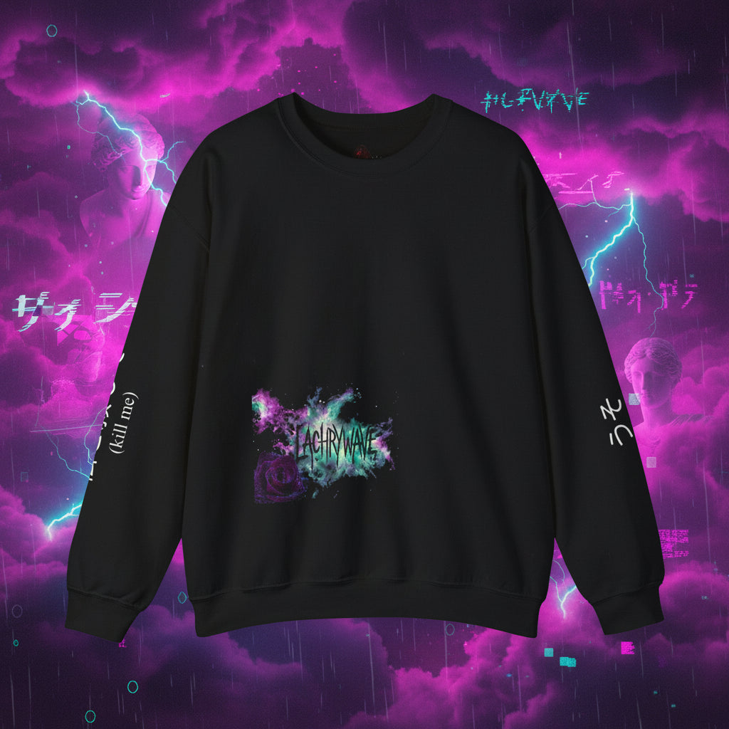 Black sweatshirt with colorful graphic design and text on a white background