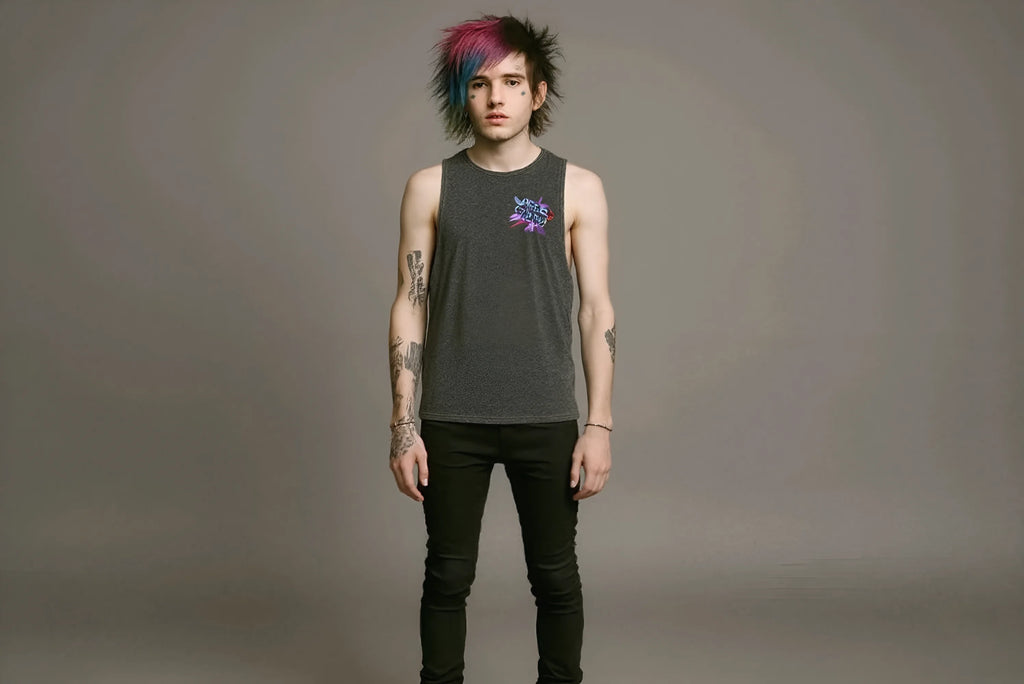 Person wearing a sleeveless shirt with a logo on a gray background