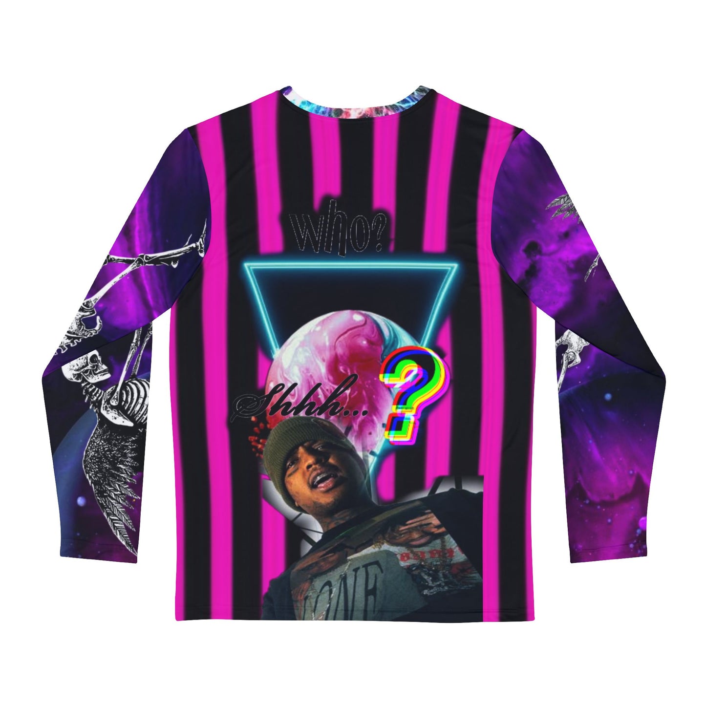 Long-sleeve shirt with colorful design featuring a character, question mark, and abstract elements on a white background.