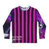 Long-sleeve shirt with purple and black vertical stripes and text on a white background