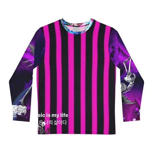 Long-sleeve shirt with purple and black vertical stripes and text on a white background
