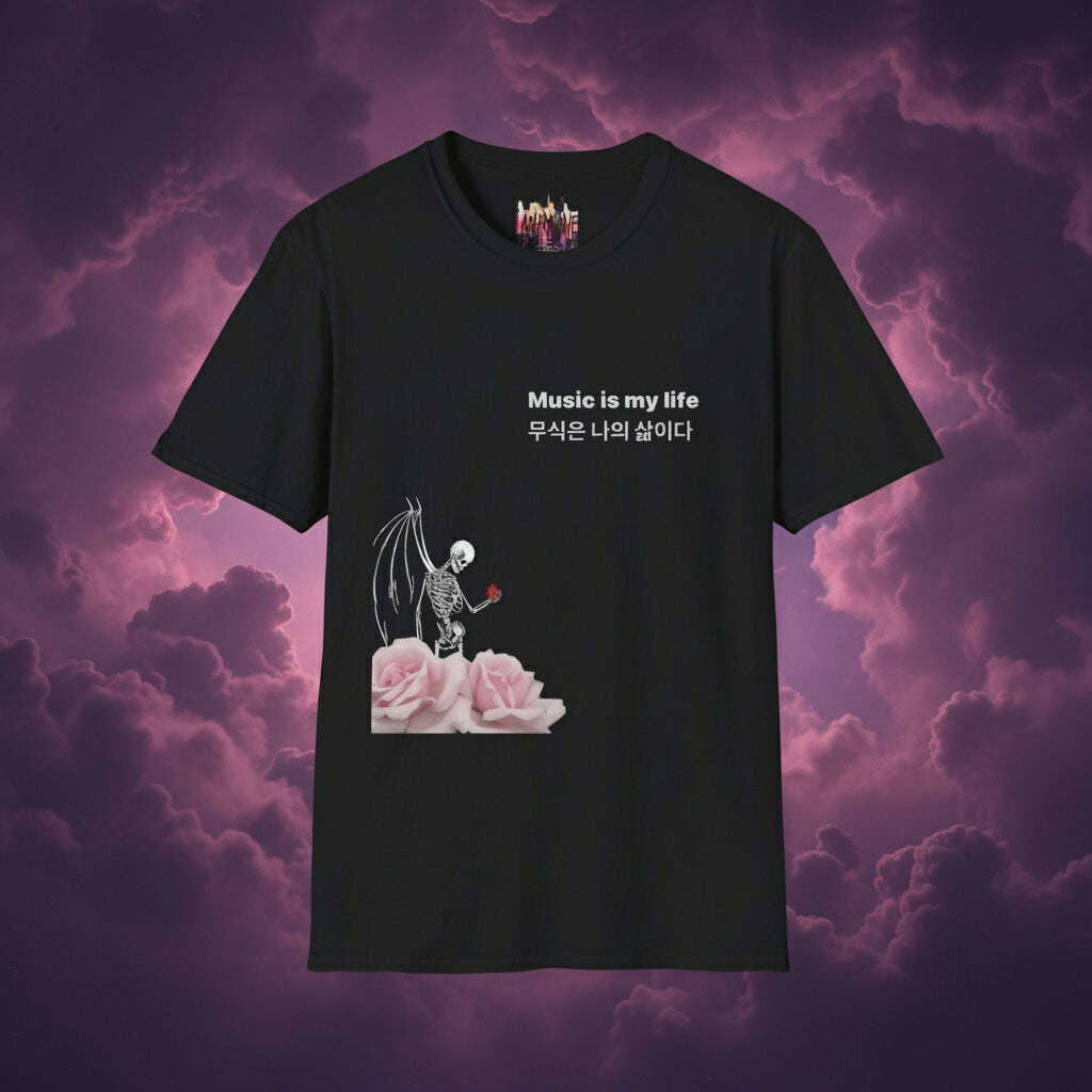 Black t-shirt with skeleton and roses design and 'Music is my life' text on a white background