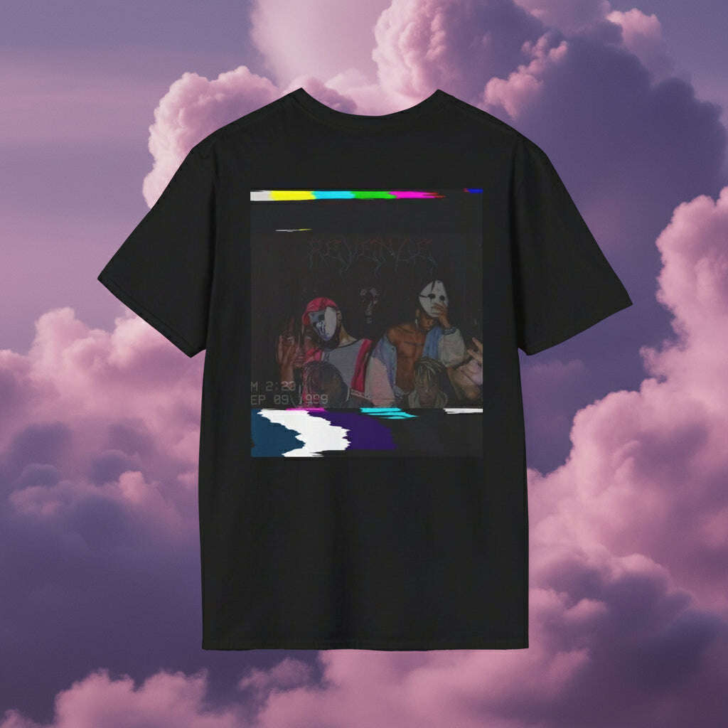 Black t-shirt with a graphic design on the back against a white background