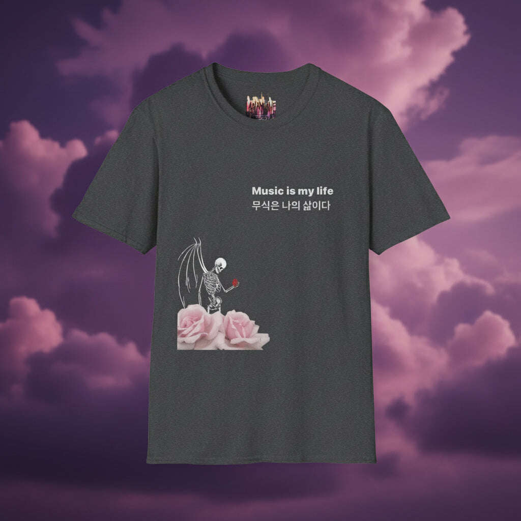 Black t-shirt with skeleton and roses design and 'Music is my life' text on a white background