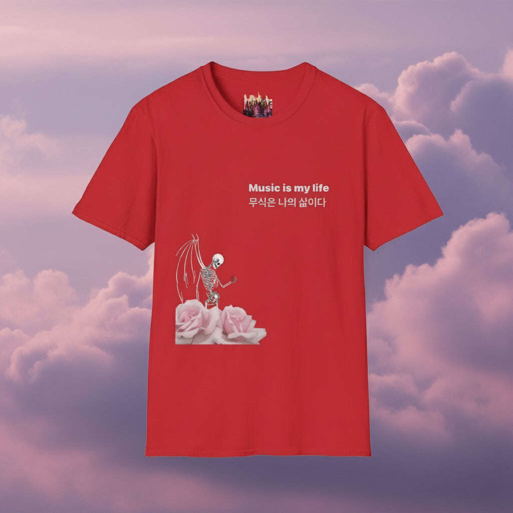 Red t-shirt with skeleton and roses design and 'Music is my life' text on a white background