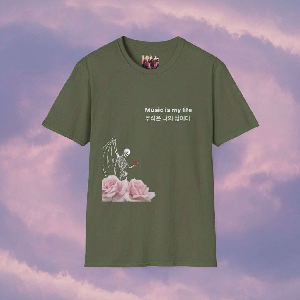 Green t-shirt with skeleton and roses design and text on a white background