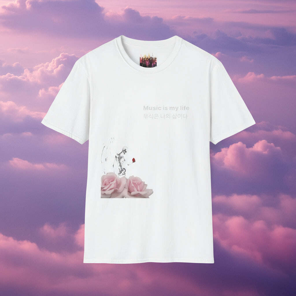 White t-shirt with floral design and text on a white background