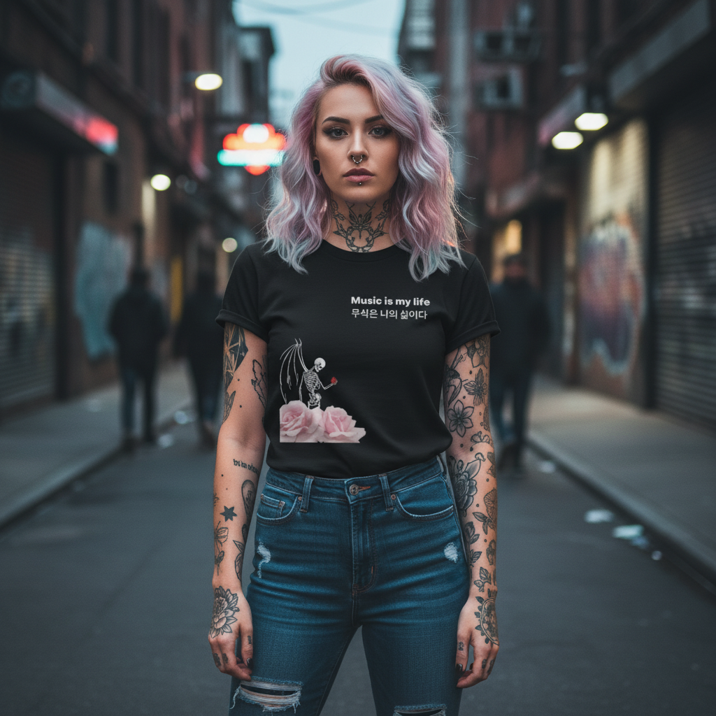 Girl - front view with winged skeleton and roses