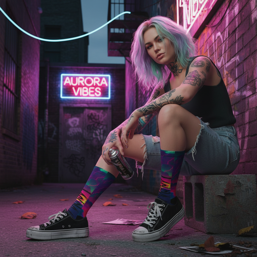 Northern lights graphic crew socks styled casually