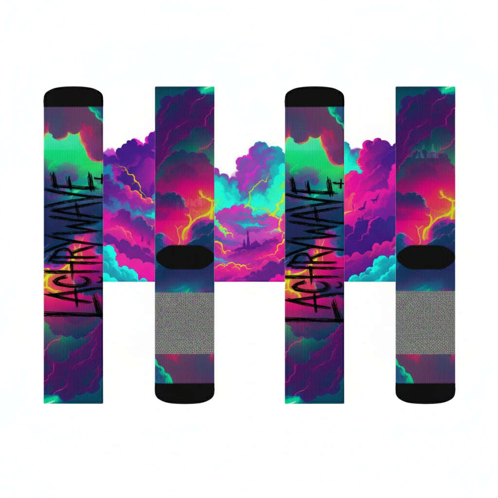Colorful socks with abstract patterns and 'Lachry Wave' branding on a white background