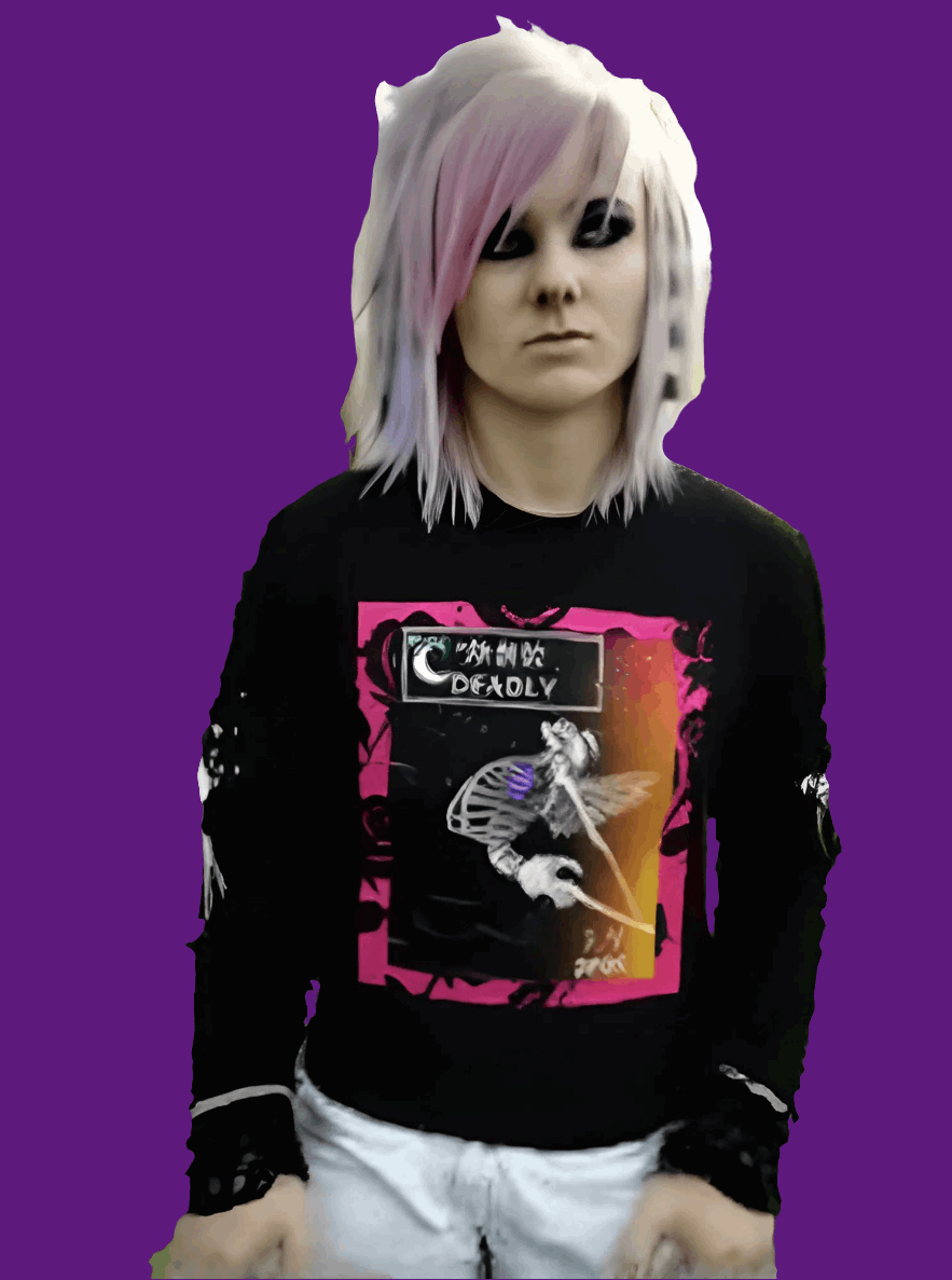 Cosmic Love Lost Crewneck Graphic Sweatshirt blonde girl wearing shirt wirh darj sjeleton aesthetics 