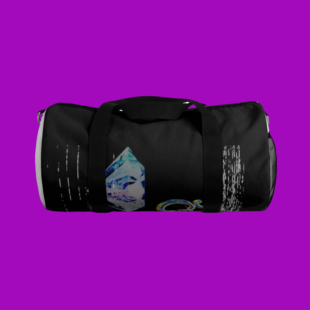 Diamond gem with Skeleton key, hints of Glitch and Darj Aesthetics. Gym or travel type duffle bag. Purple backing ground. 