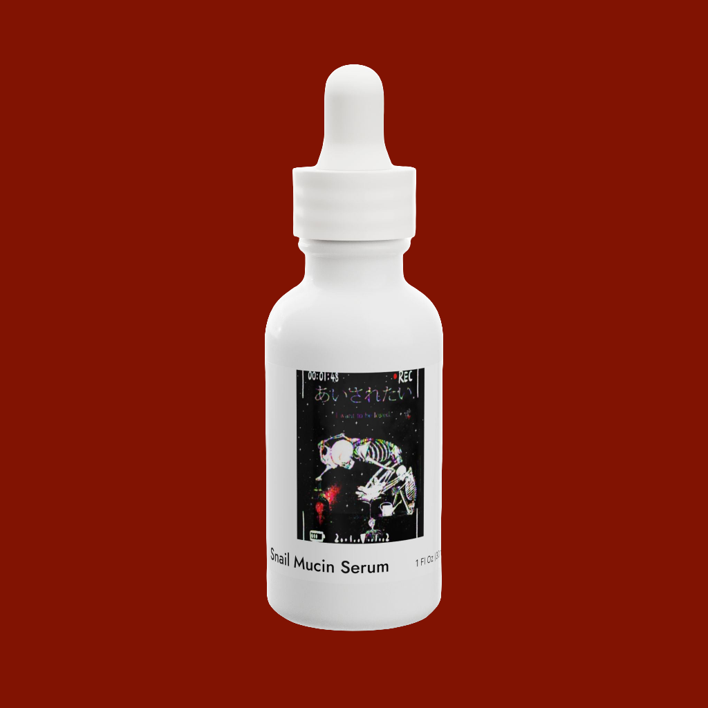 White bottle of snail mucin serum with a dropper on a red background