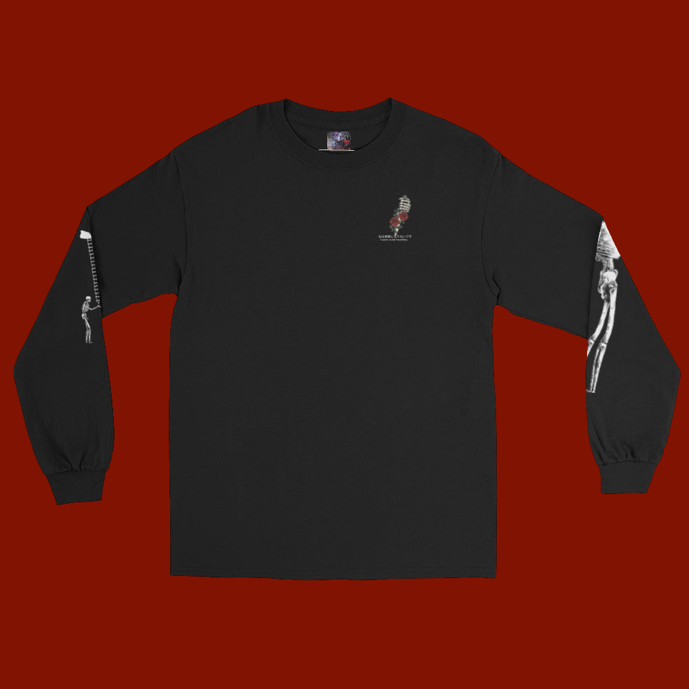 Black long-sleeve shirt with white graphic on a red background