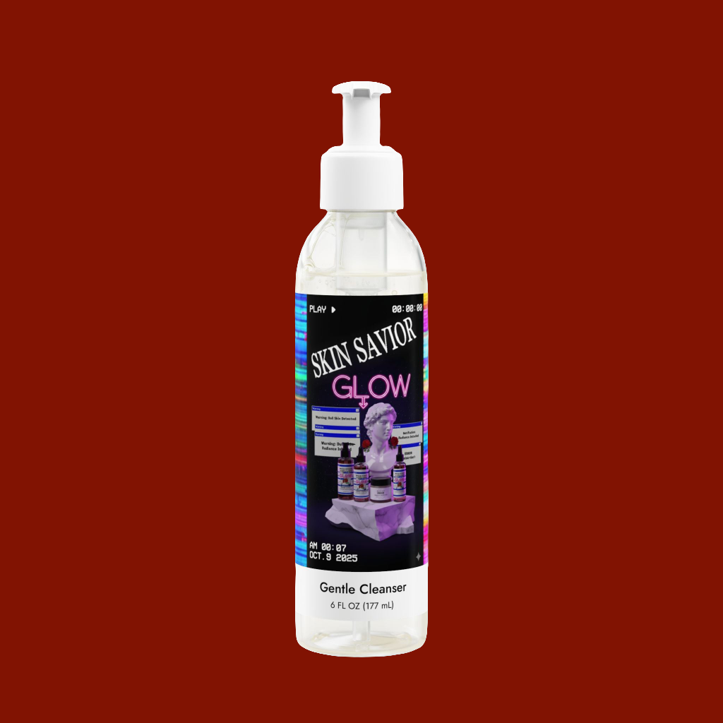 Bottle of 'Skin Savior Glow' Gentle Cleanser on a red background