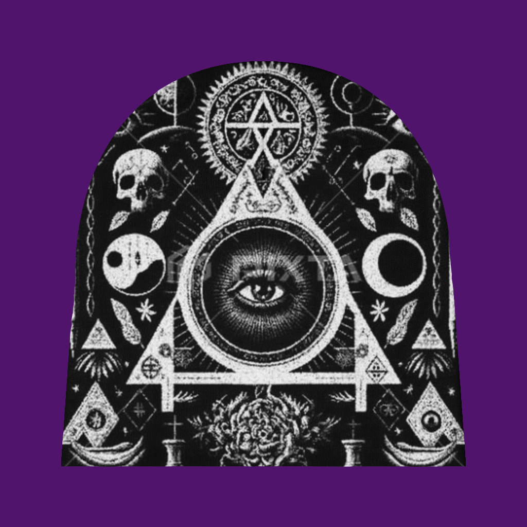 Alchemical symbol with eye and skulls on a purple background