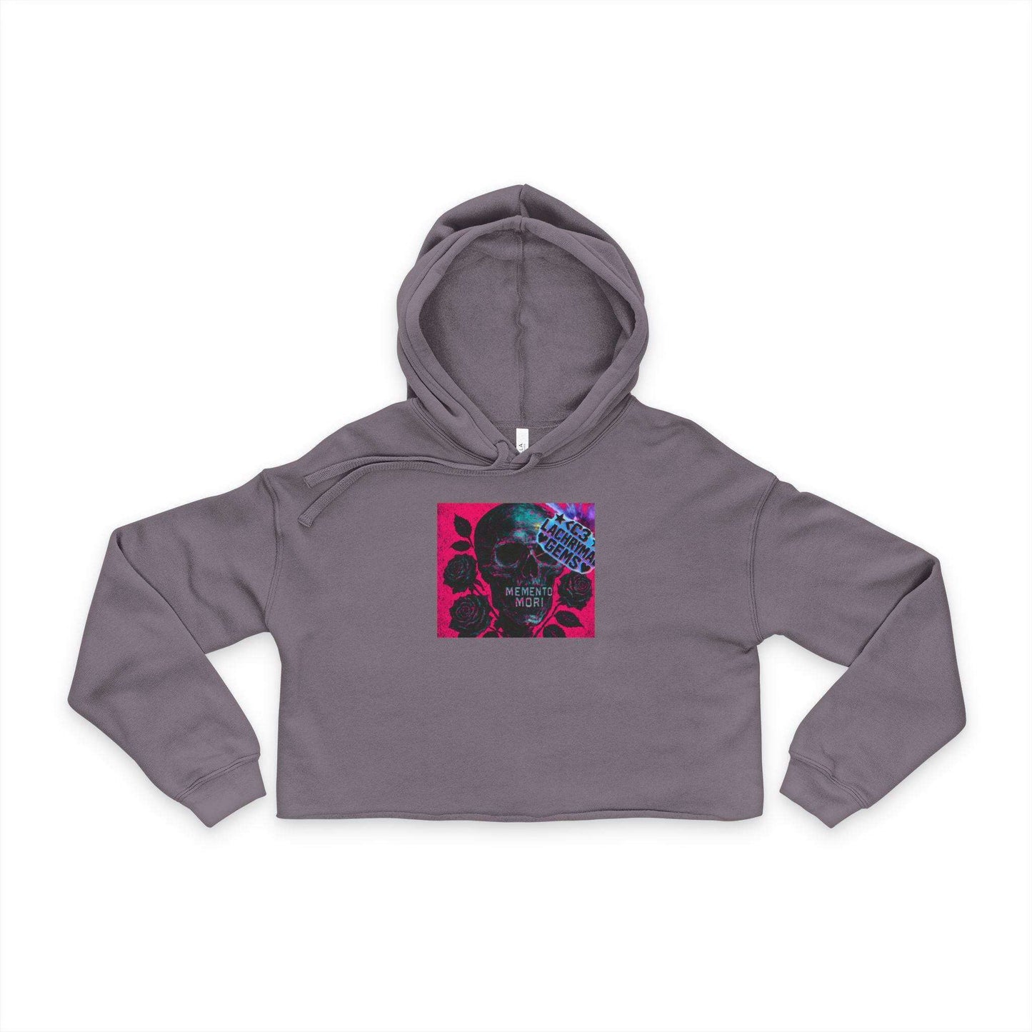 Gray cropped hoodie with a colorful graphic on a white background