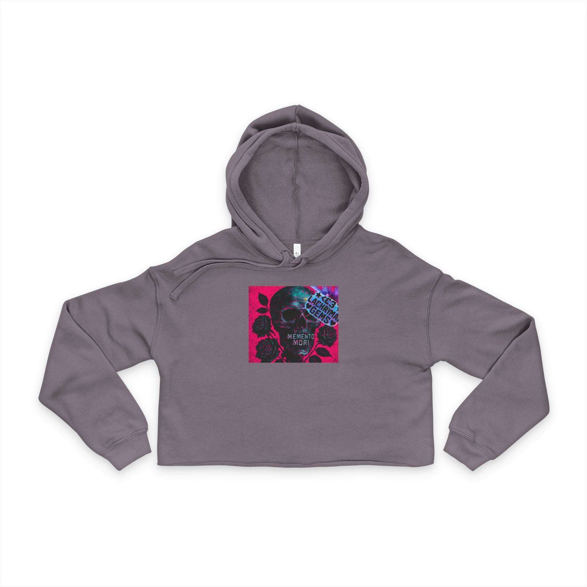 Gray cropped hoodie with a colorful graphic on a white background