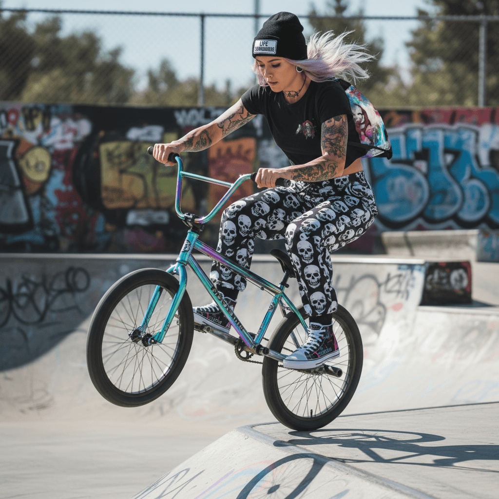 Female Model BMX Trick with Black Beanie and Bag