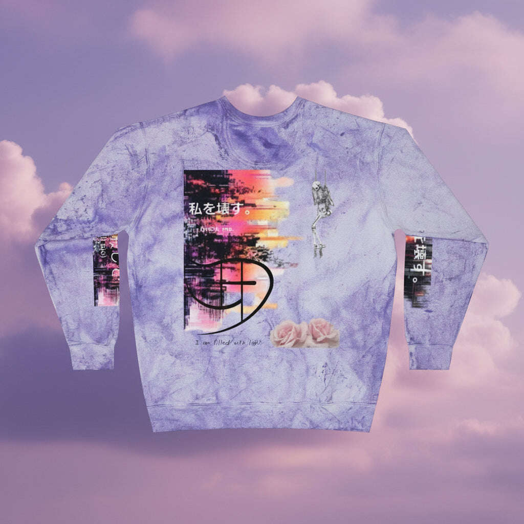 Purple tie-dye sweatshirt with graphic design on a white background