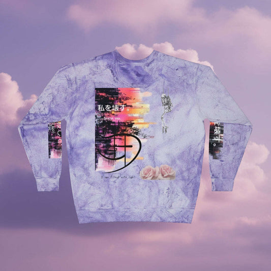 Purple tie-dye sweatshirt with graphic design on a white background