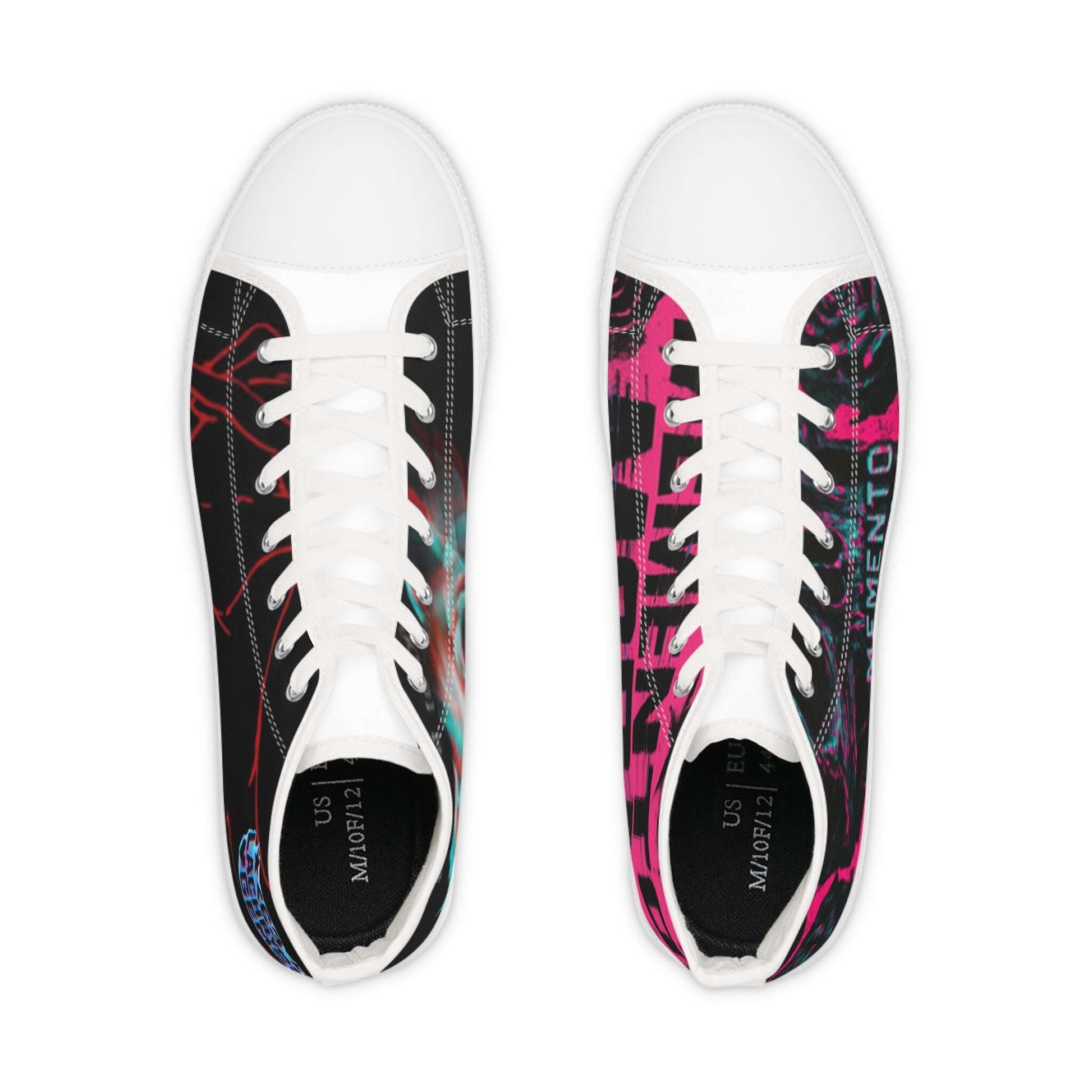 White sneakers with black, pink, and red pattern on a white background