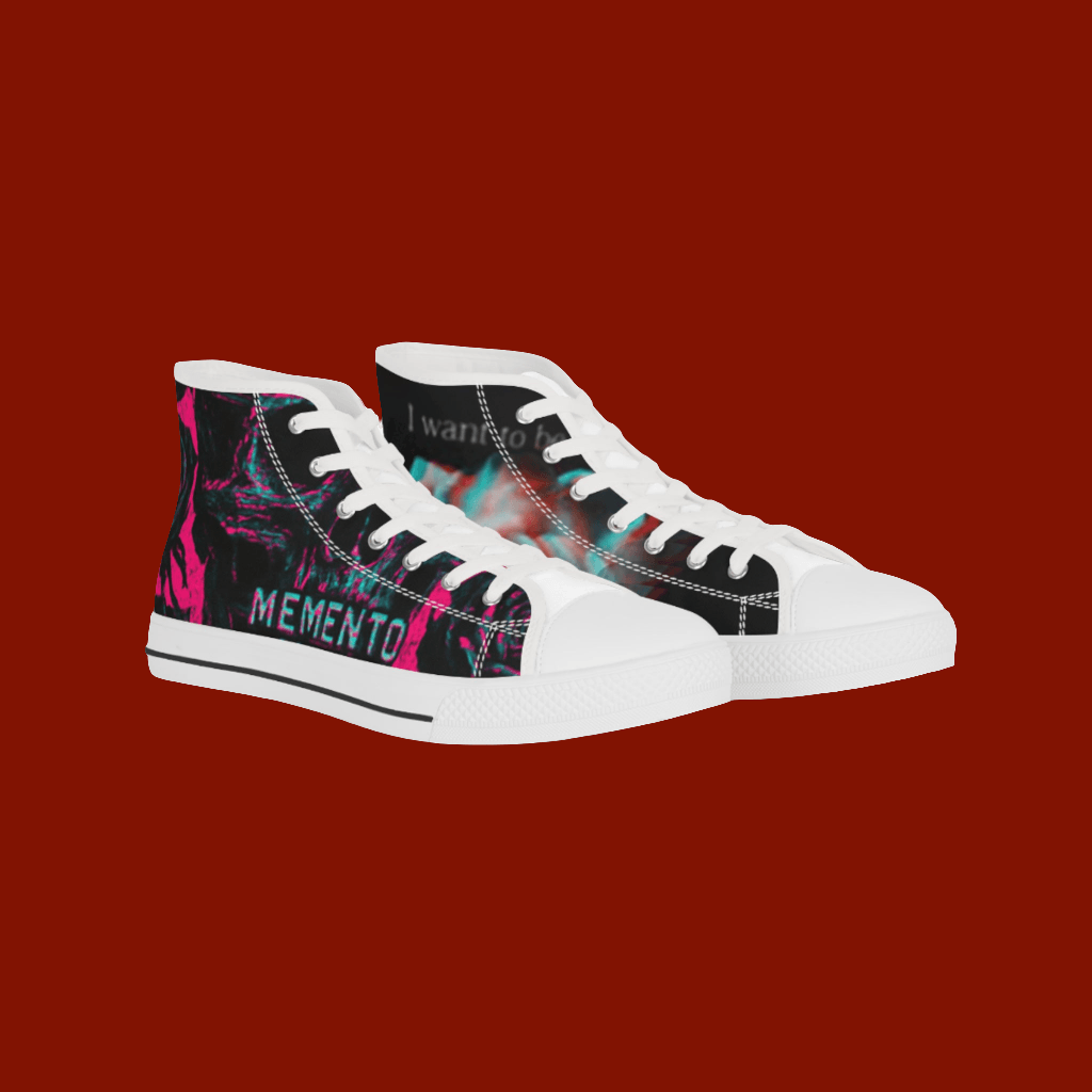 High-top sneakers with colorful design and text on a red background
