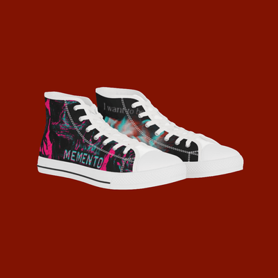 High-top sneakers with colorful design and text on a red background