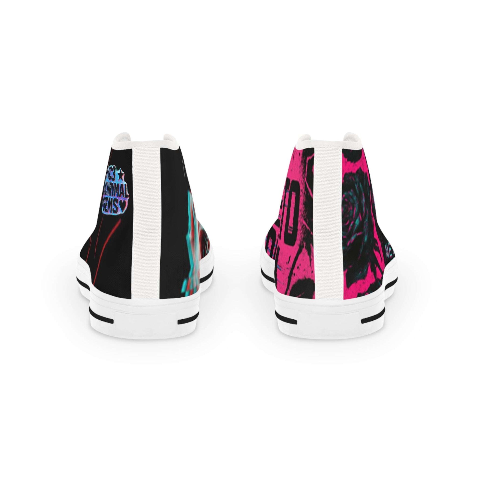 Pair of high-top sneakers with colorful designs on a white background