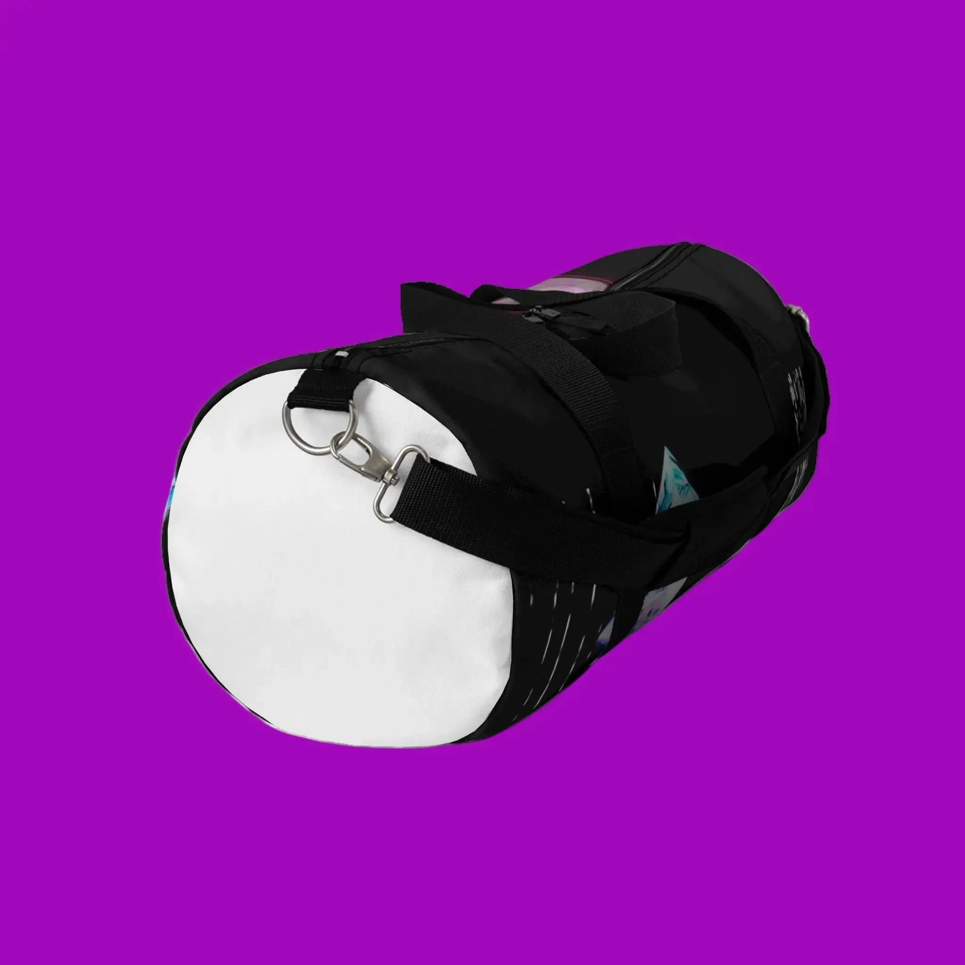 Black and white duffel bag on a purple background