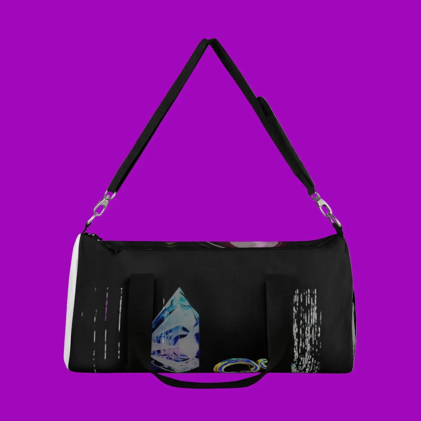 Black handbag with colorful design on a purple background