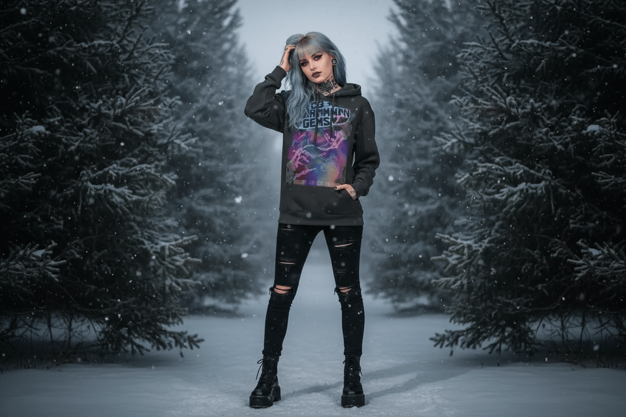Female model in your dark-wave hoodie