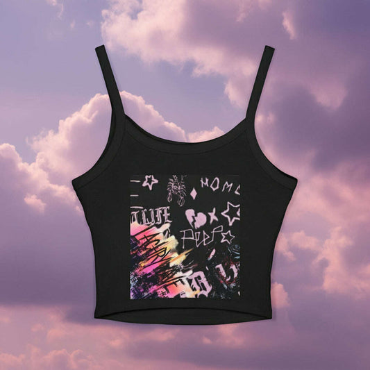 Black tank top with colorful graphic design on a white background