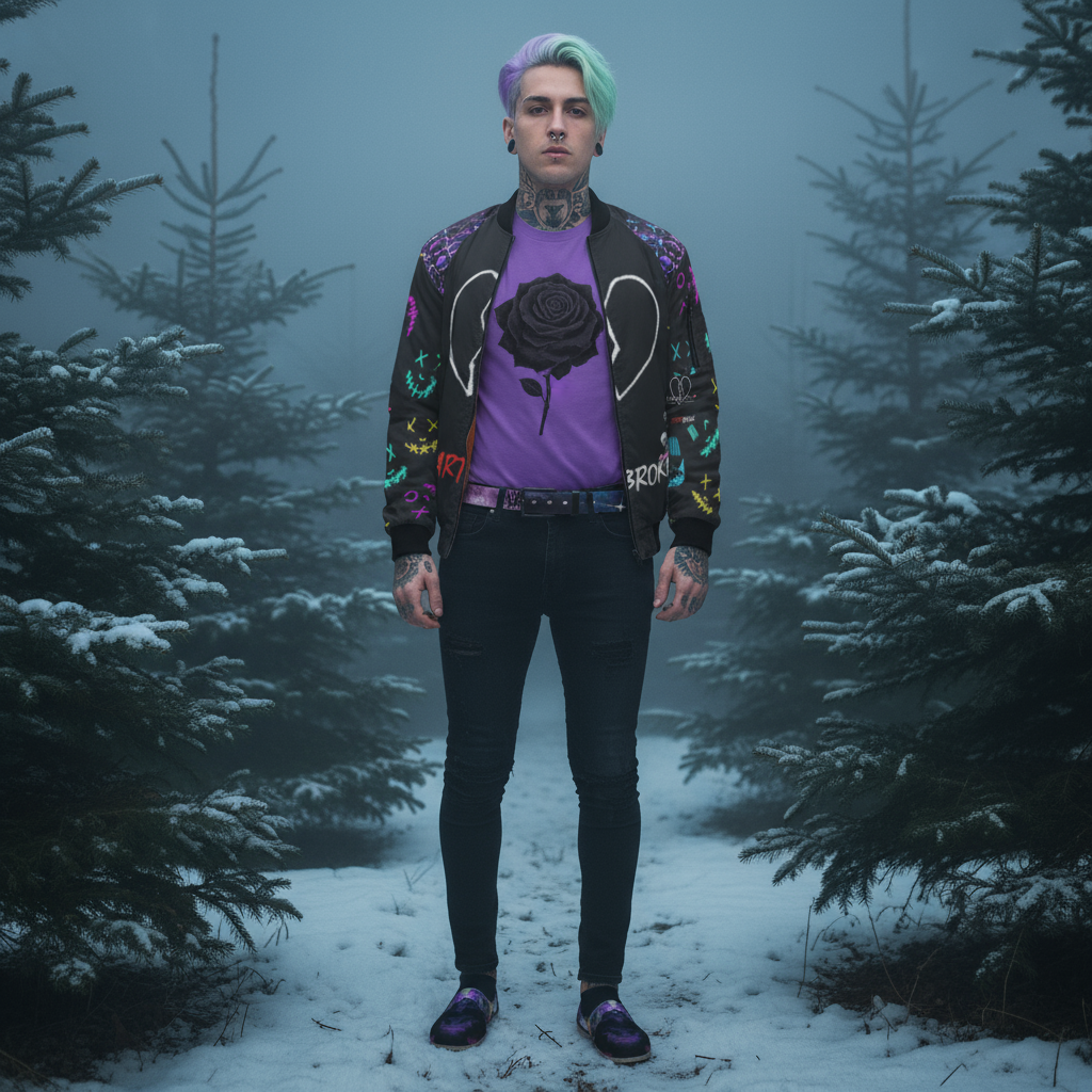 Complete outfit with correct Lachrywave Tee, bomber jacket, jeans with belt, and shoes