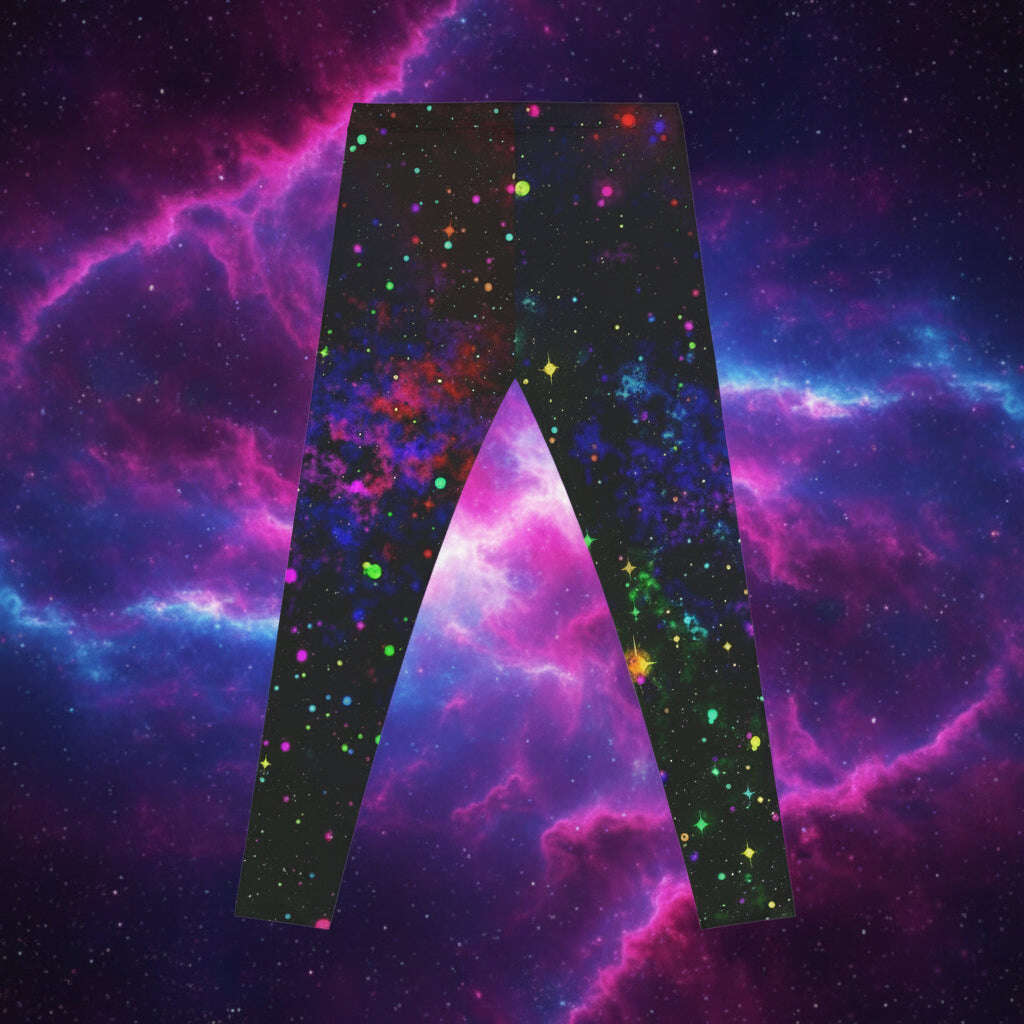 Colorful galaxy-themed leggings on a white background