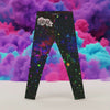 Colorful galaxy-themed leggings with a brand logo on a white background