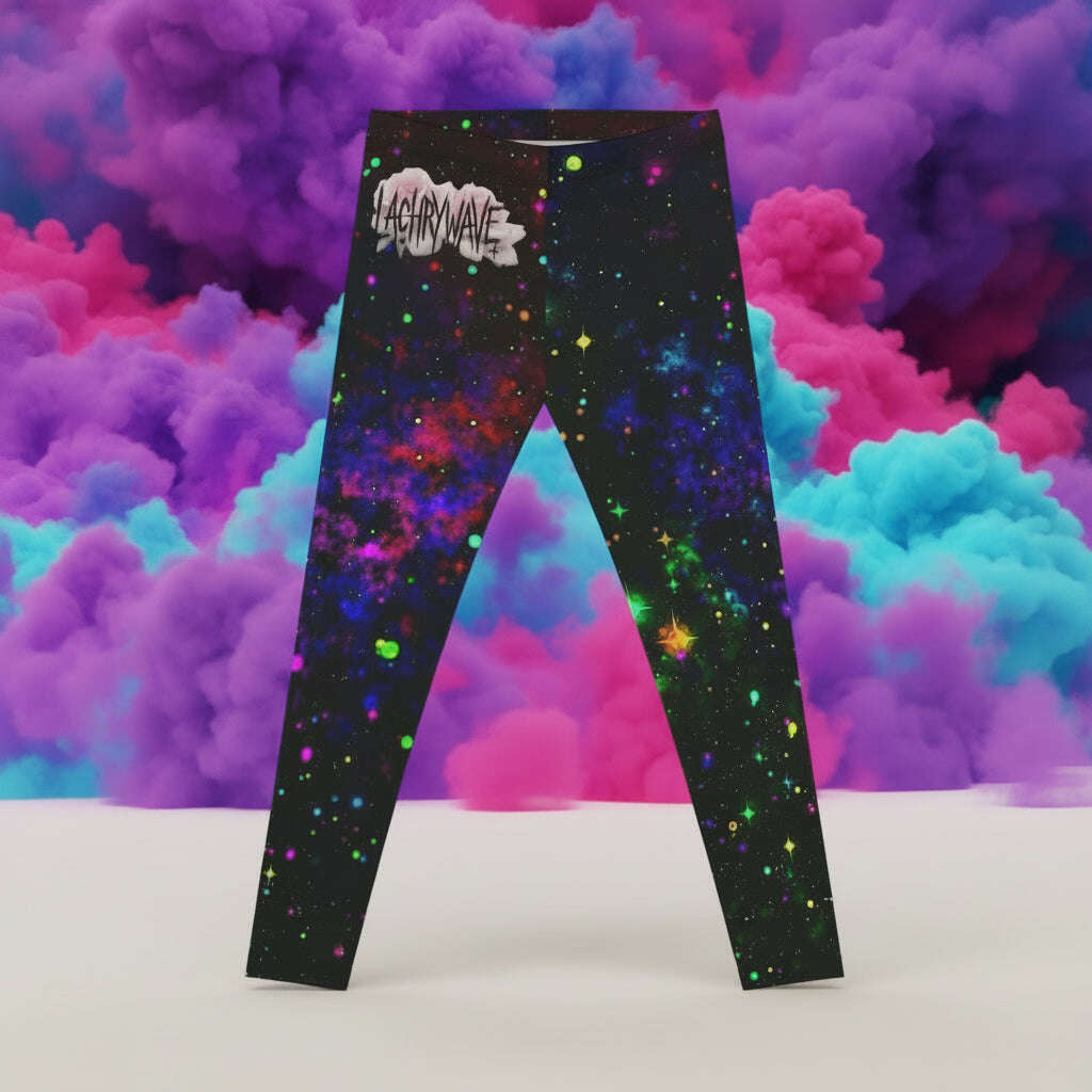 Colorful galaxy-themed leggings with a brand logo on a white background