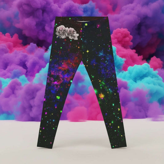 Colorful galaxy-themed leggings with a brand logo on a white background