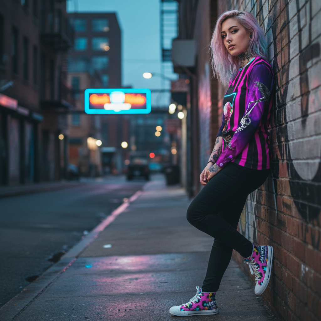 Girl wearing long sleeve with skinny jeans and canvas high tops