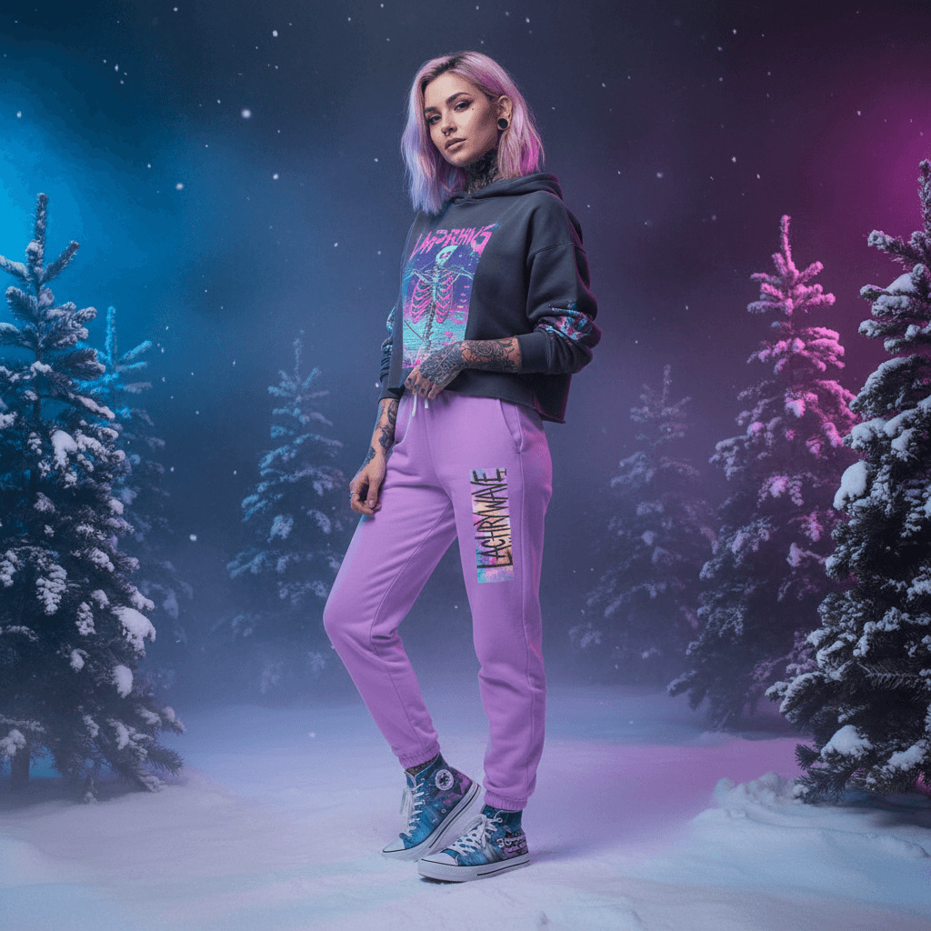 Female model in neon lavender joggers with canvas shoes