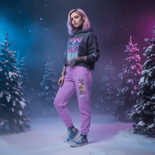 Female model in neon lavender joggers with canvas shoes