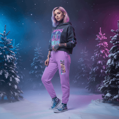 Female model in neon lavender joggers with canvas shoes