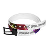 Lachrymae Graphic Belt — White Repeating Script with Abstract Color Accent Printify