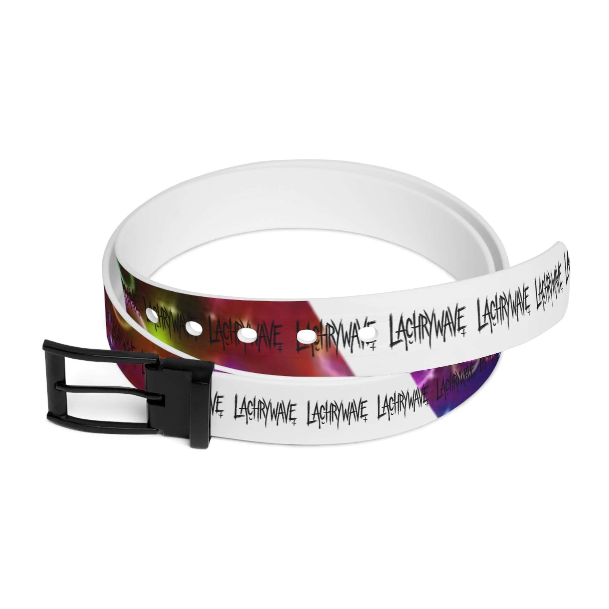 Lachrymae Graphic Belt — White Repeating Script with Abstract Color Accent Printify
